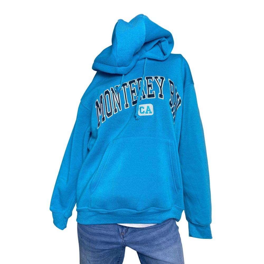 Monterey Bay CA Pullover Hoodie Turquoise Blue Embroidered Spellout Size S